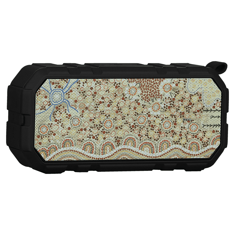 A rugged black Bluetooth speaker with a patterned surface featuring earthy tones and a logo on the side.