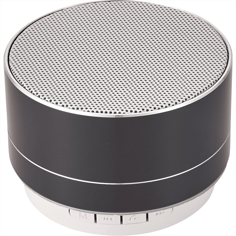 A black aluminium Bluetooth speaker with a circular design and a colourful logo on top.
