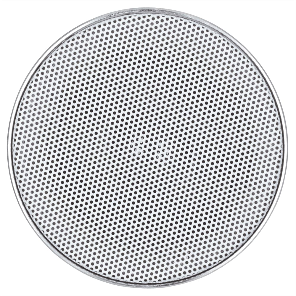 A round, silver aluminium Bluetooth speaker with a perforated design. Features a logo in the centre.