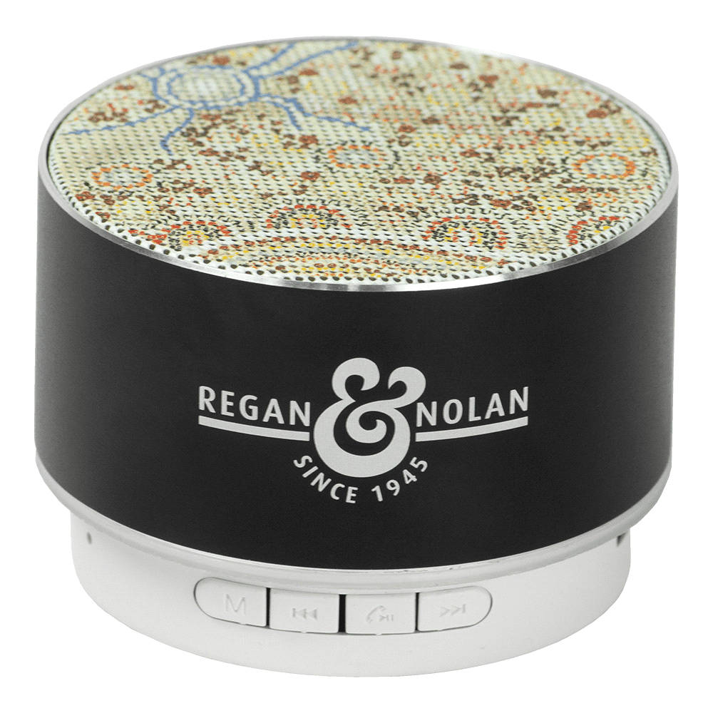 A round, patterned Bluetooth speaker in black and silver featuring a branding logo on the front.