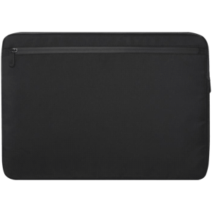 A black laptop sleeve featuring a sleek design with a zippered pocket. It includes a logo.
