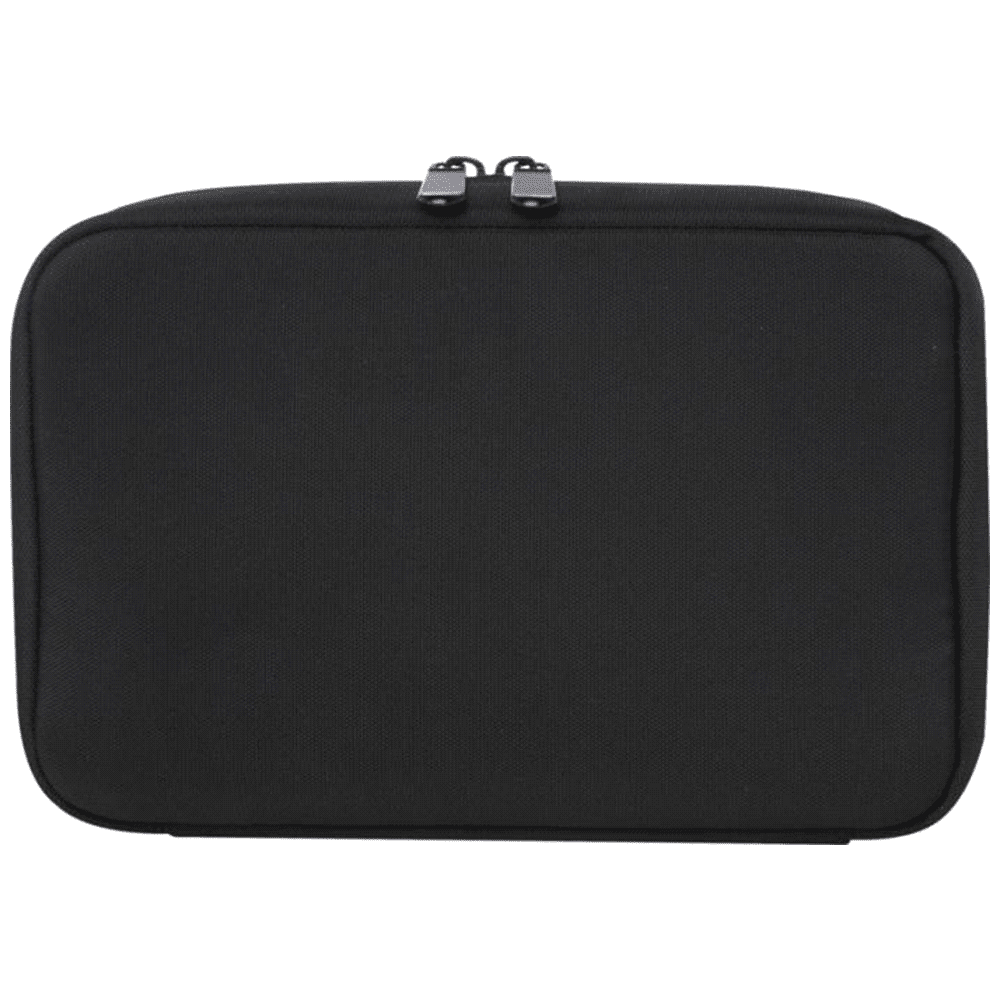 A black organiser pouch featuring a zip closure and a logo, designed for miscellaneous items.