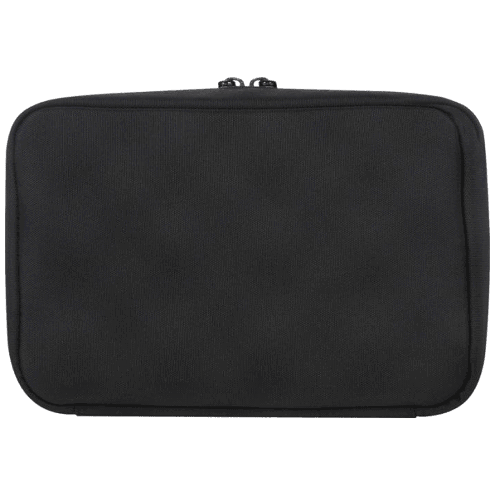 A black recycled organiser pouch with a zip closure and a simple, sleek design. It has a branding logo.
