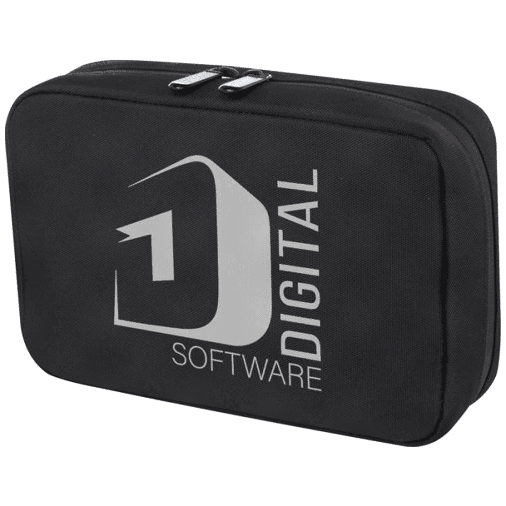 A black organiser pouch with a logo on the front, featuring a zip closure and sleek design.
