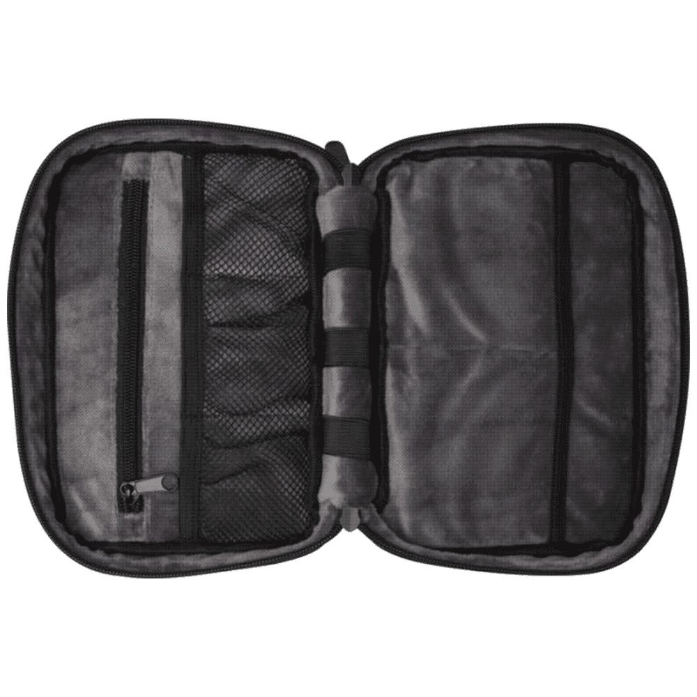 A grey recycled organiser pouch with multiple compartments and a mesh pocket, featuring a branding logo.