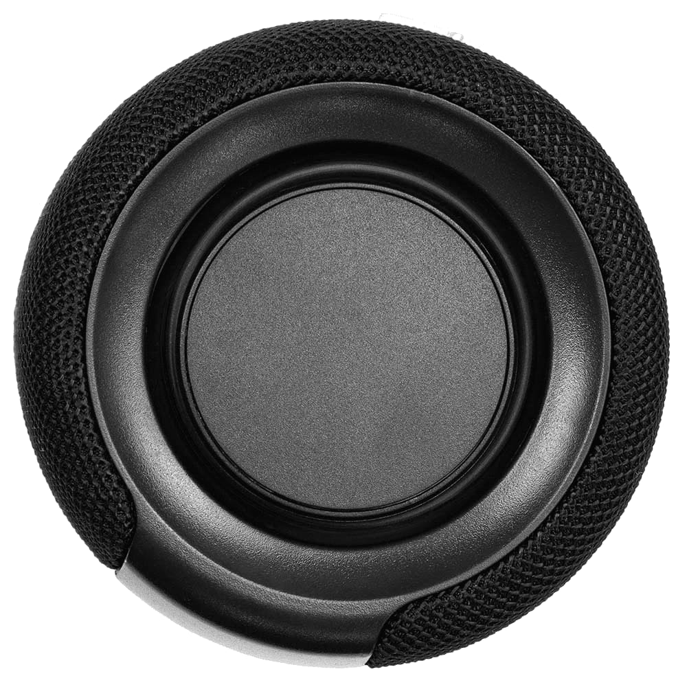 A round, black Breakaway Bluetooth speaker with a textured mesh surface and a smooth central section.