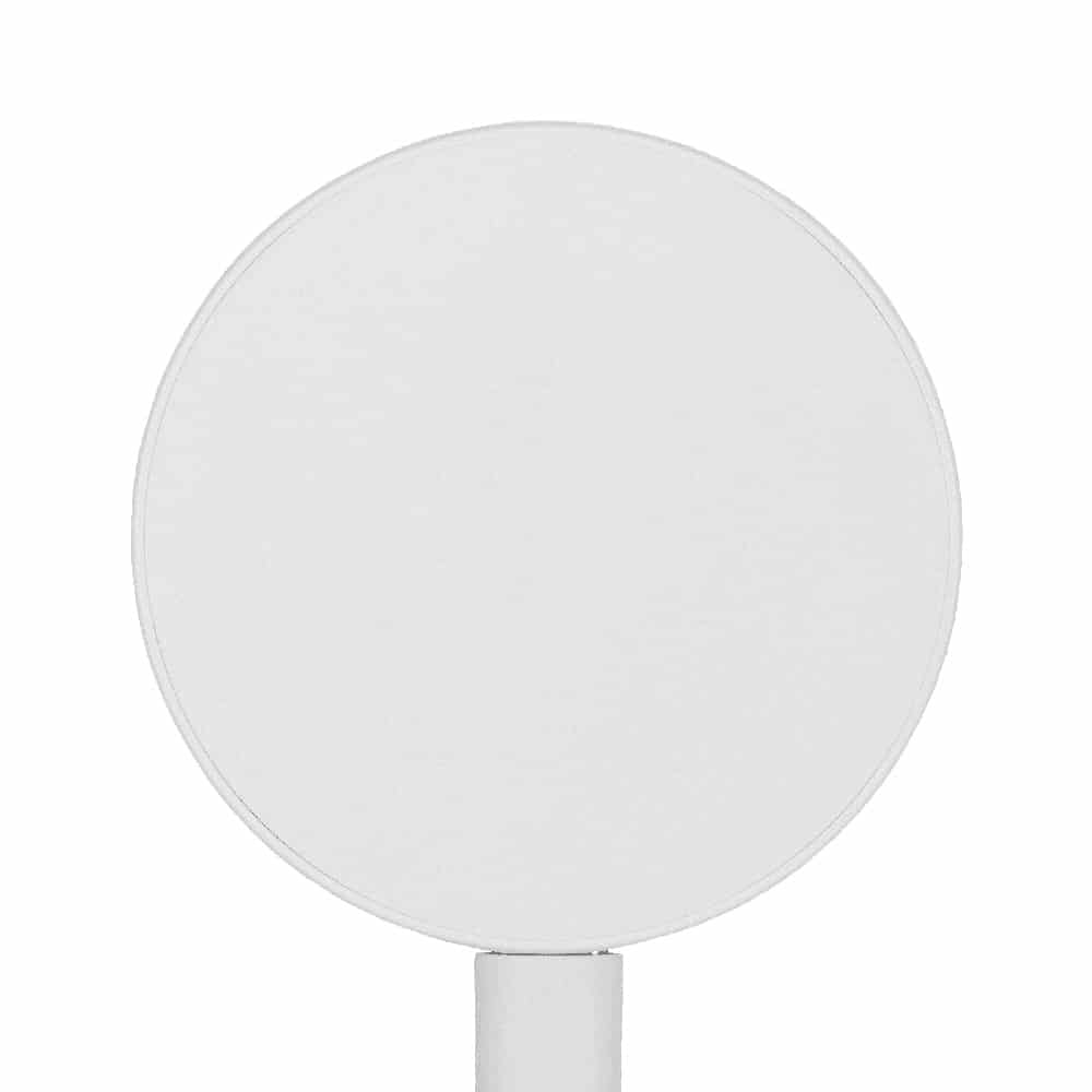 A round, white magnetic wireless charger with a sleek design and a built-in stand.