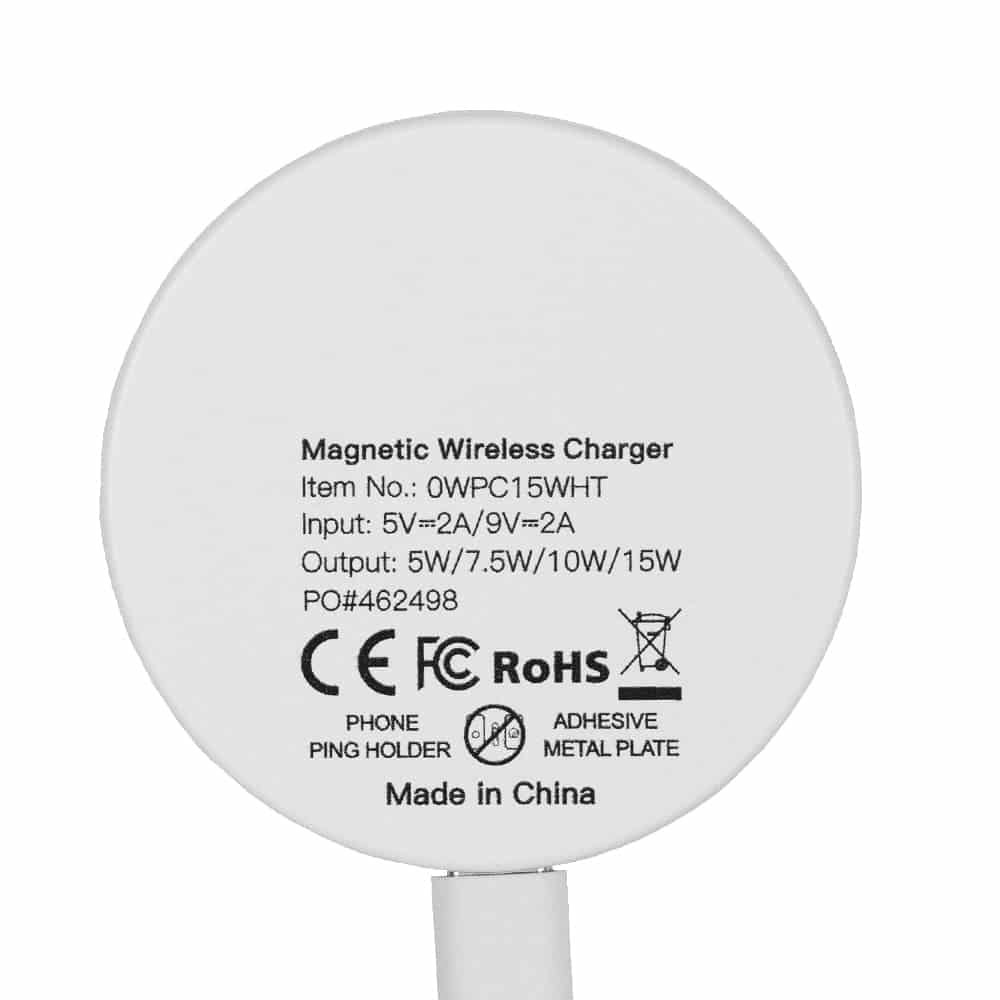 A round white magnetic wireless charger with an attached cable and a logo, featuring various certification marks.