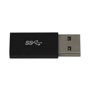 A black USB C adapter with a metallic connector and a logo on the body.