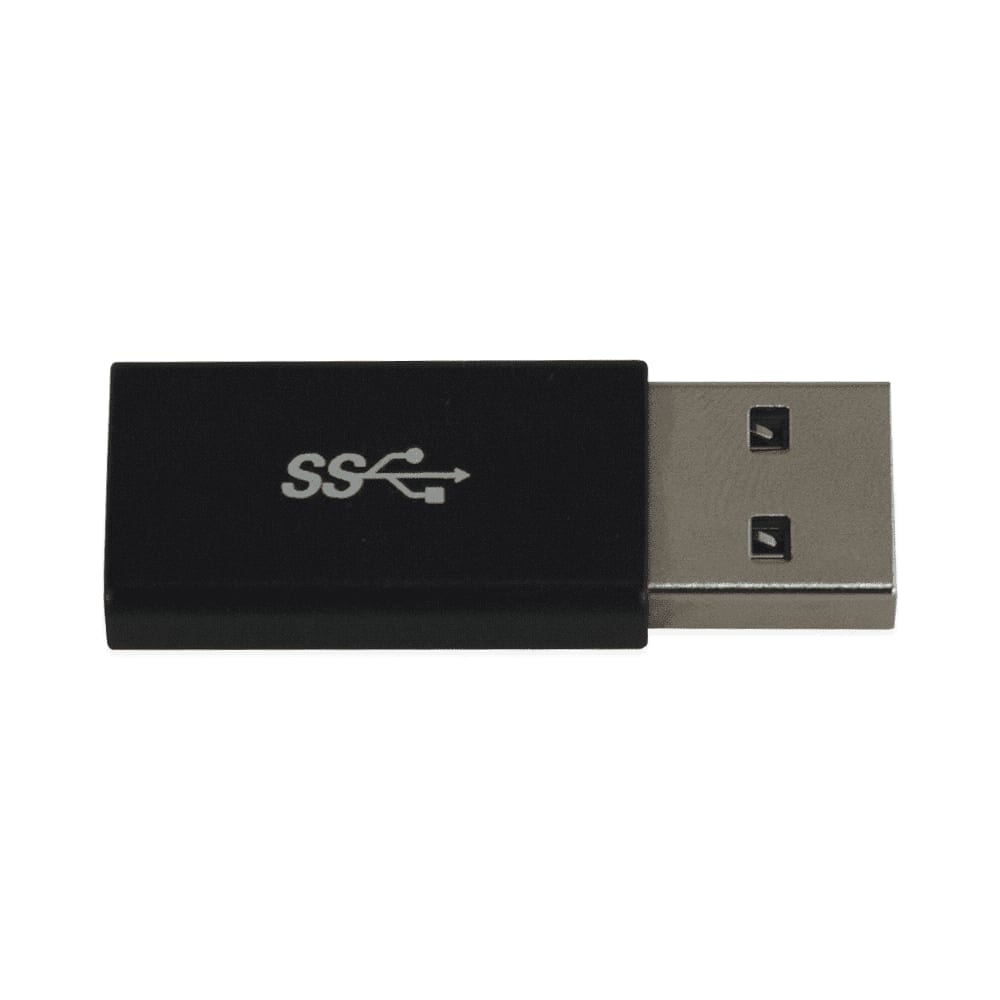 A black USB C adapter with a metallic connector and a logo on the body.