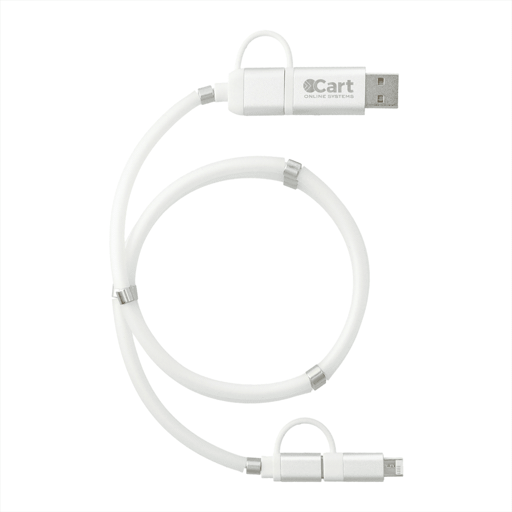A white 5-in-1 charging cable with a magnetic wrap and a logo, featuring multiple connector types.