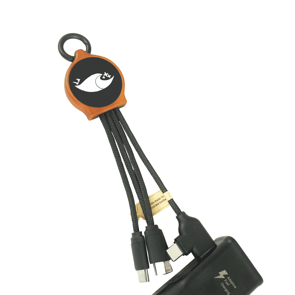 A bamboo charging hub with grey RPET cables, featuring multiple connectors and a branding area.