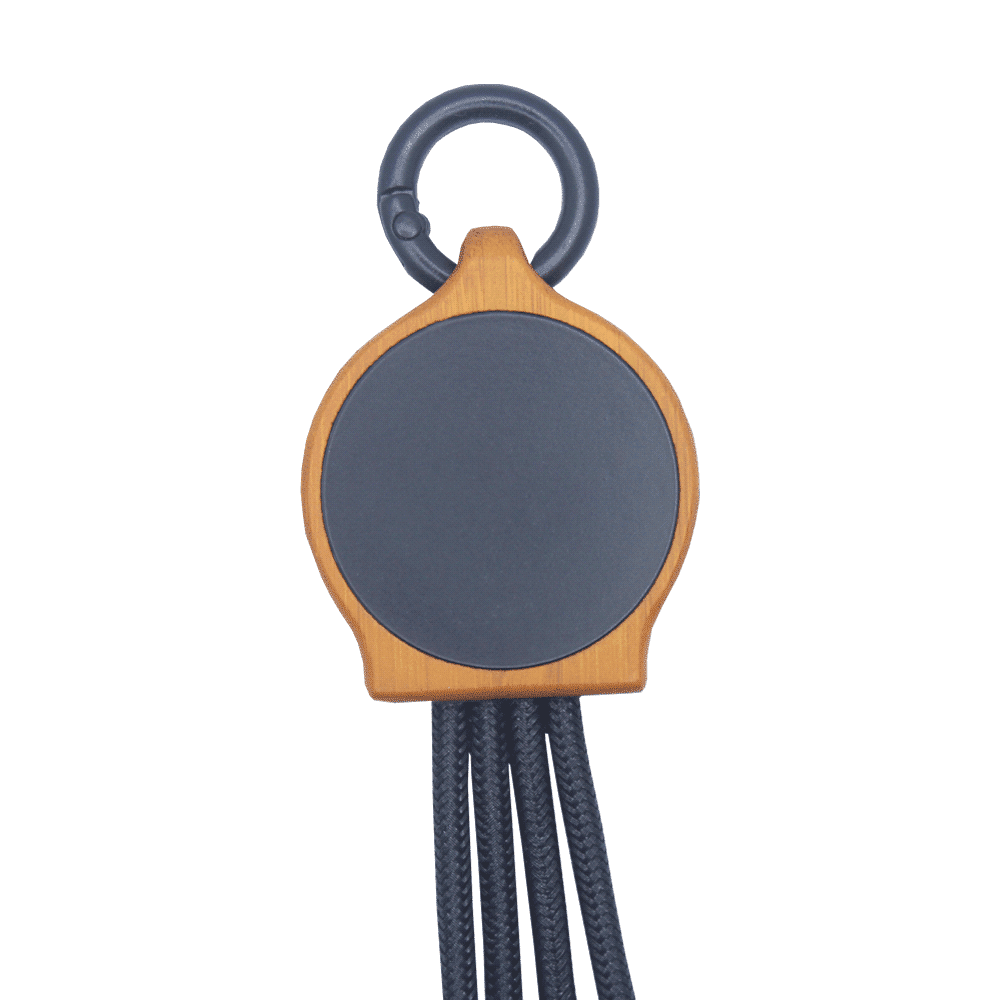 A bamboo charging device with black RPET cables and a round connector, featuring a loop for attachment.