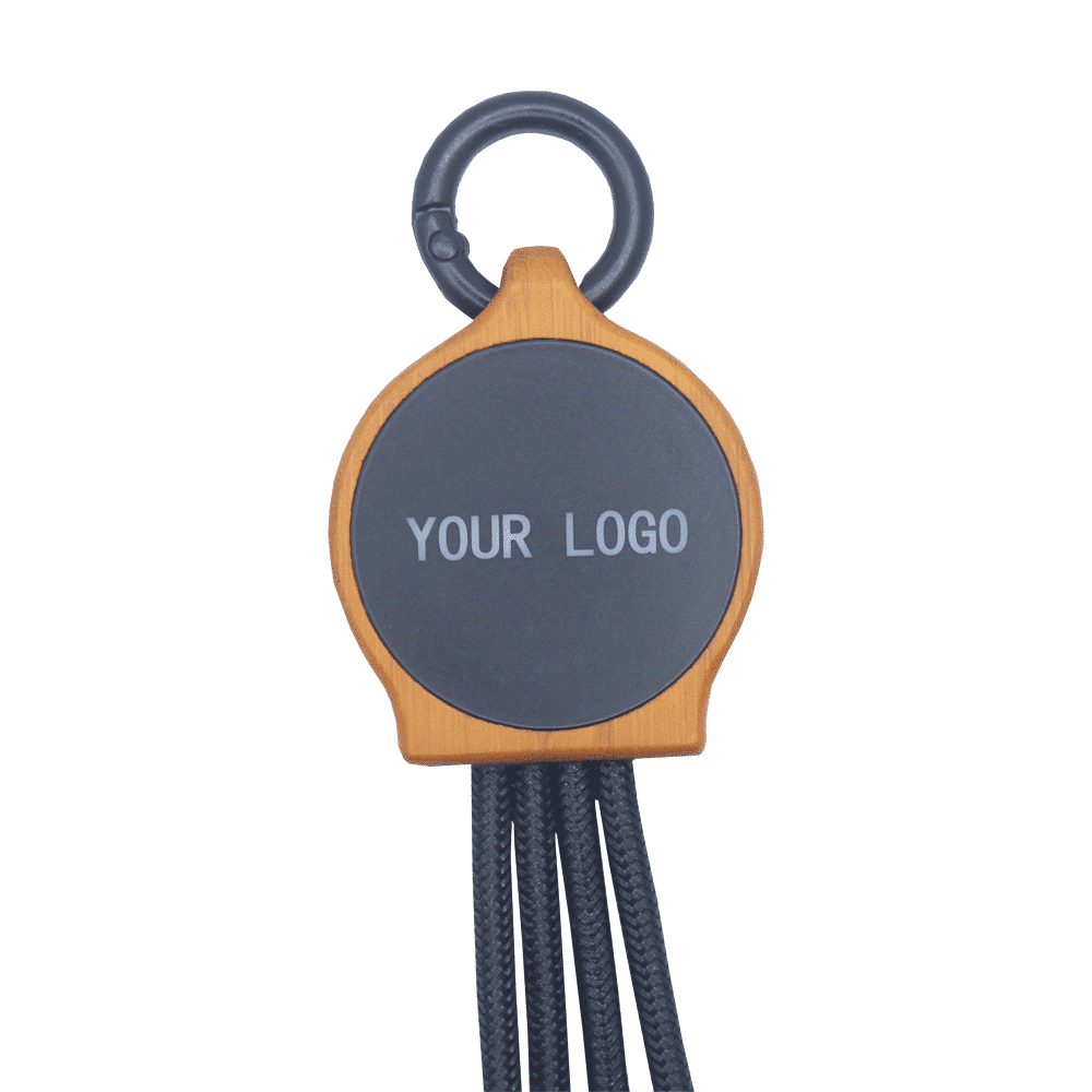 A charging cable with three RPET connectors (USB, Micro-USB, and Lightning) and a brown loop attachment.