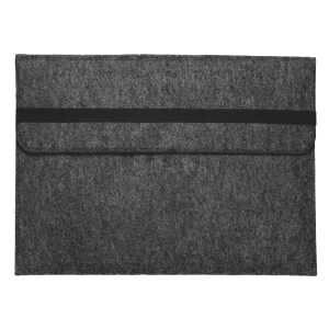 A grey felt laptop sleeve with a black elastic band for closure, featuring a simple design and a logo.