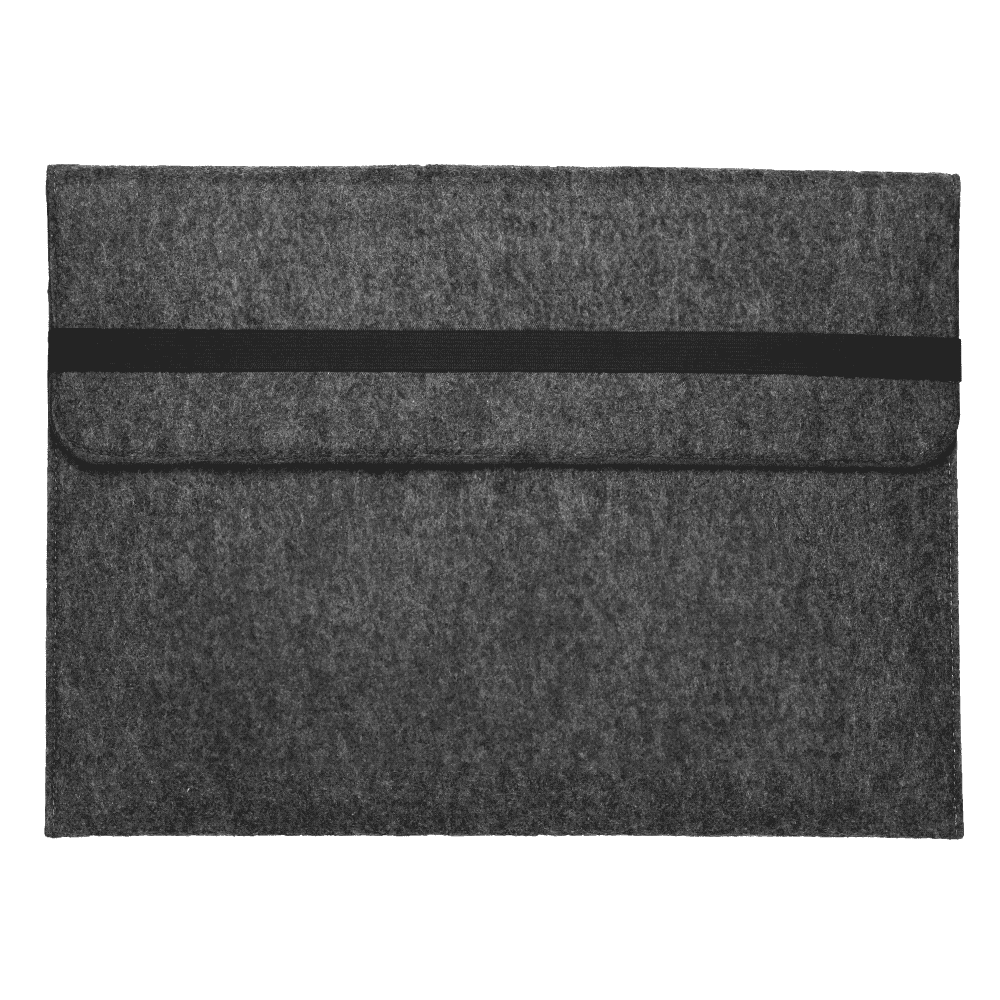 A grey felt laptop sleeve with a black elastic band for closure, featuring a simple design and a logo.