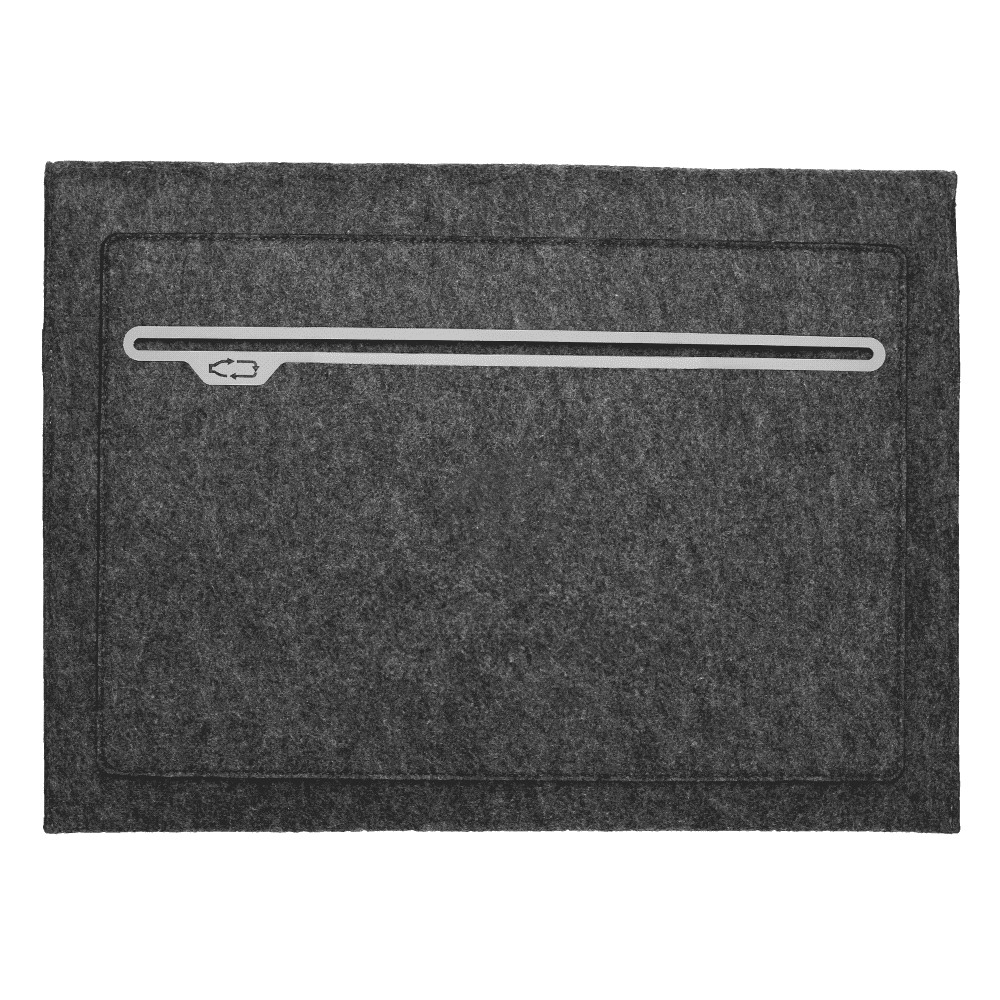 A grey felt laptop sleeve is held in one hand, featuring a sleek design and a logo.
