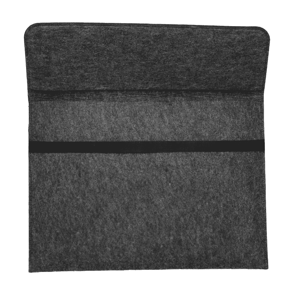 A grey felt laptop sleeve with a black elastic closure and a green logo featuring leaves.