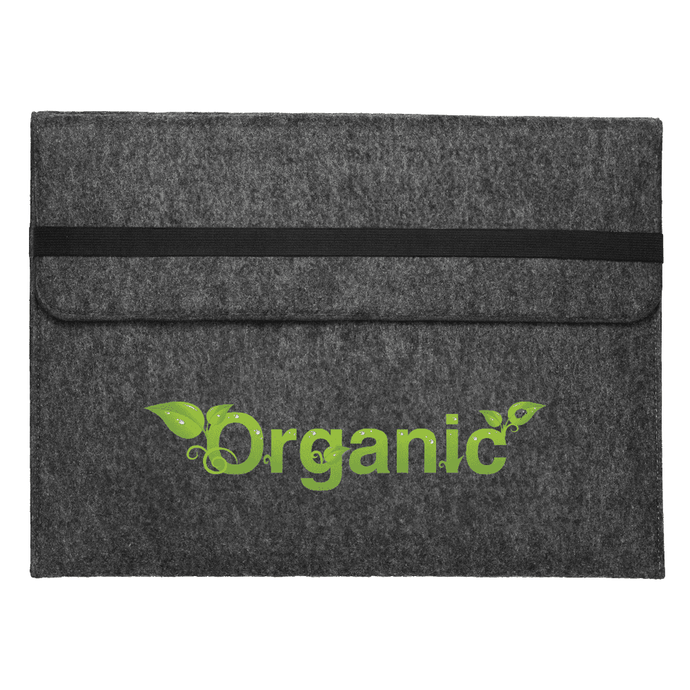 A grey felt laptop sleeve is being held, with a laptop partially inserted. It has a logo on the front.
