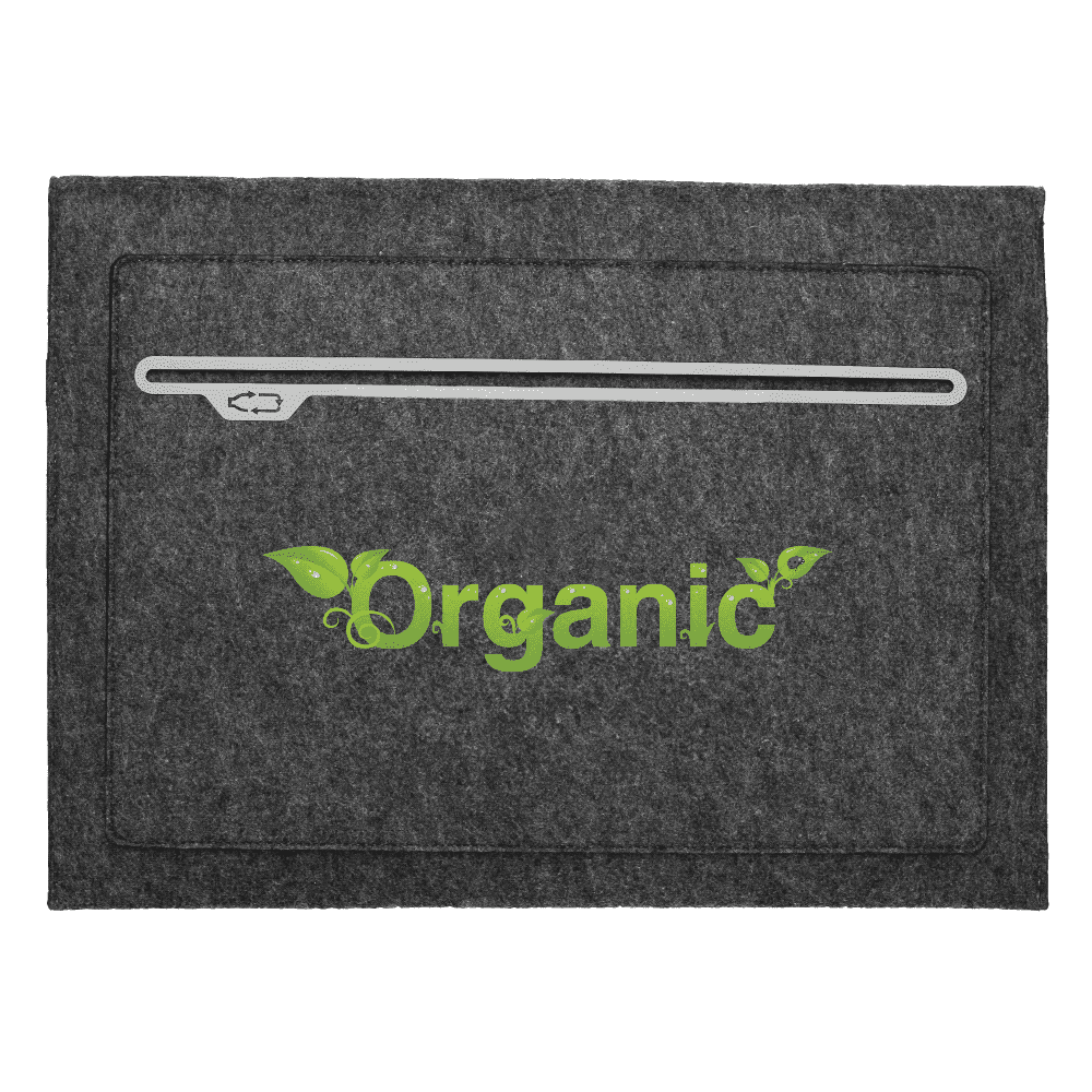 A grey felt laptop sleeve is being held, featuring a strap closure and a logo on the front.