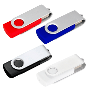 A selection of four USB flash drives in red, blue, white, and black, featuring a swivel design and a logo.