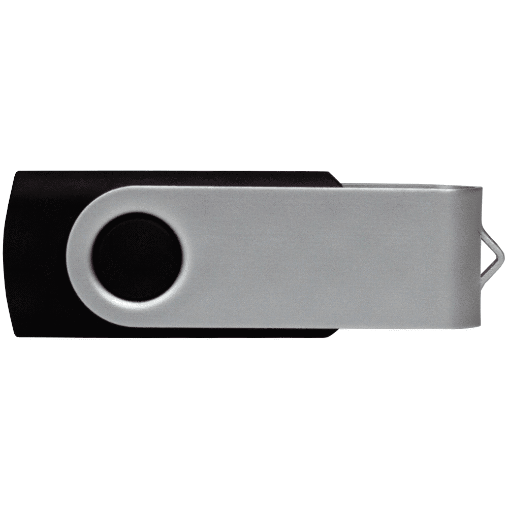 A black and silver USB flash drive, featuring a rotating mechanism and a keyring attachment.