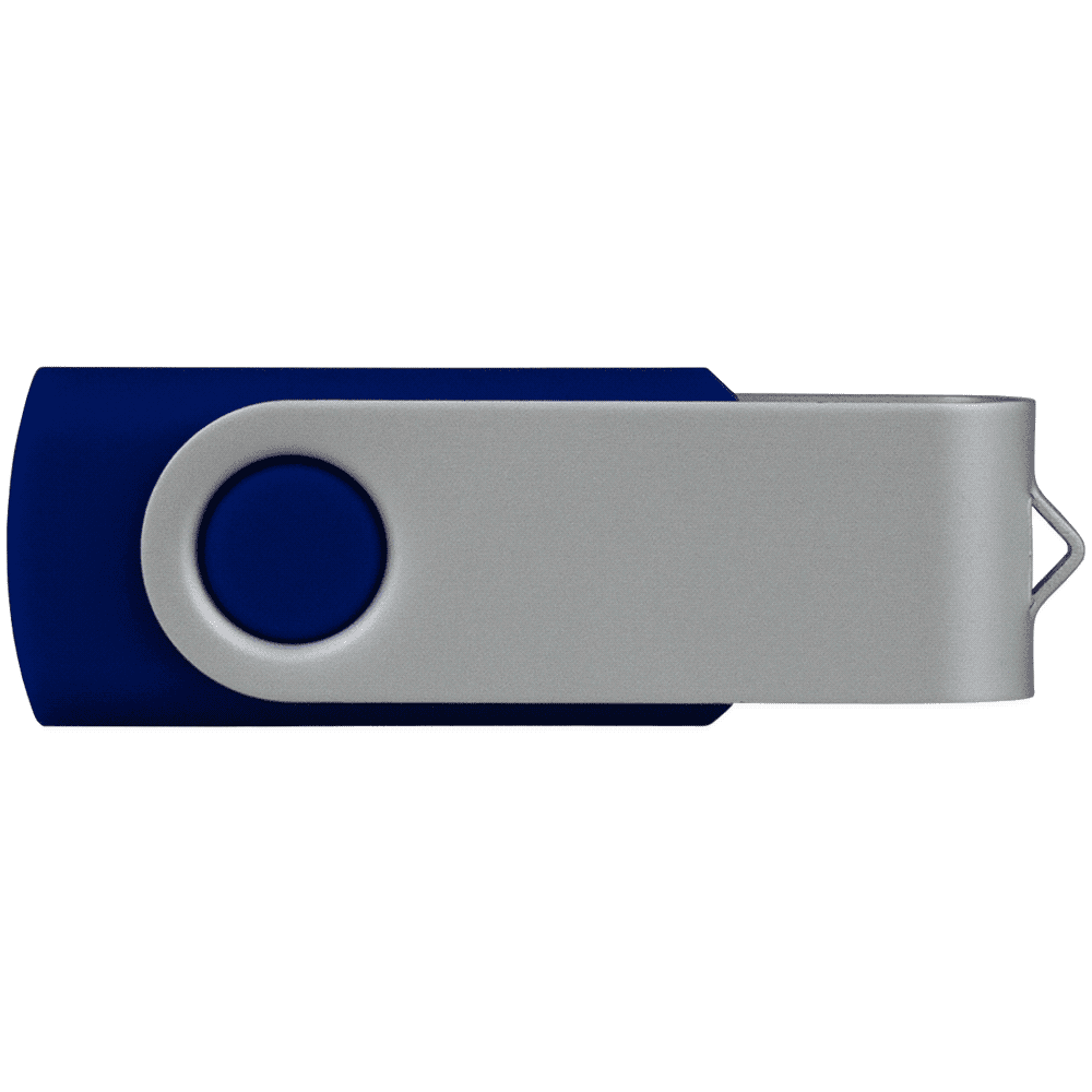 A blue and silver USB flash drive with a swivel cap, featuring a branding logo. It has a storage capacity of 16GB.