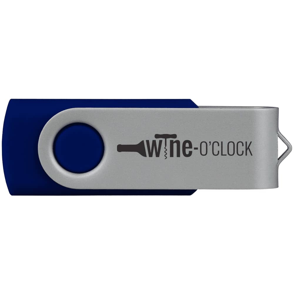 A blue and silver USB flash drive with a swivel design, featuring a logo on the cover.