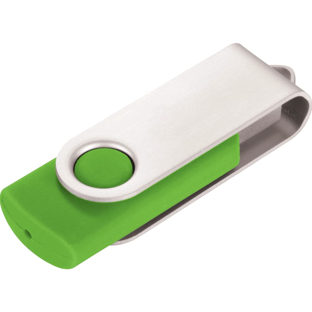 A green and silver USB flash drive, featuring a swivel design with a branded logo.