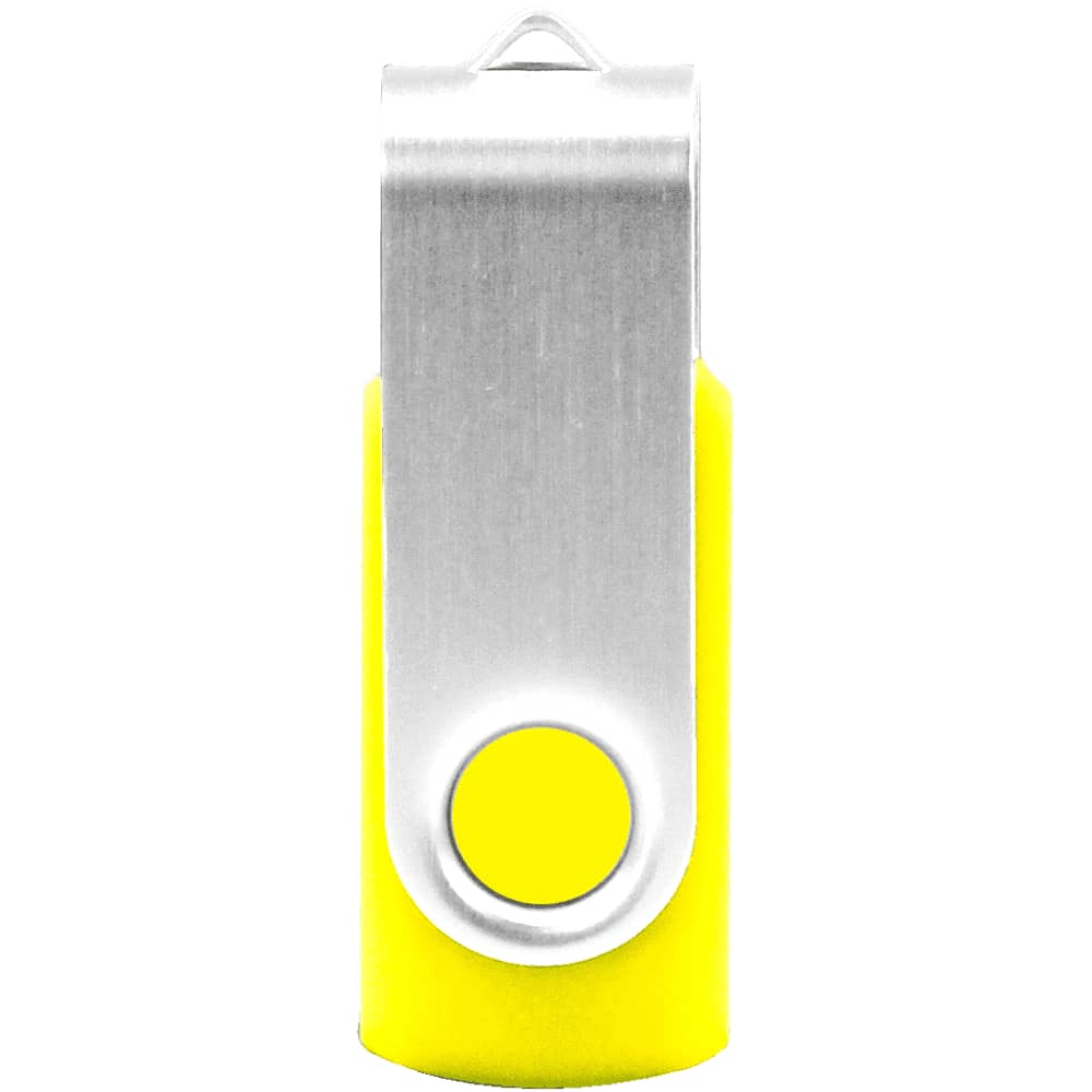 A yellow and silver USB flash drive with a swivel design, featuring a circular button and a clip.