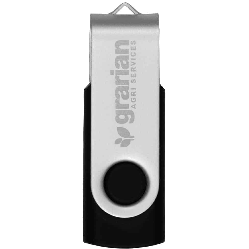 A silver and black USB flash drive with a swivel design and a logo on one side.