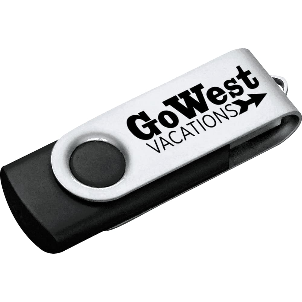 A USB flash drive in black and silver, featuring a logo on its casing. It has a rotating design for easy use.