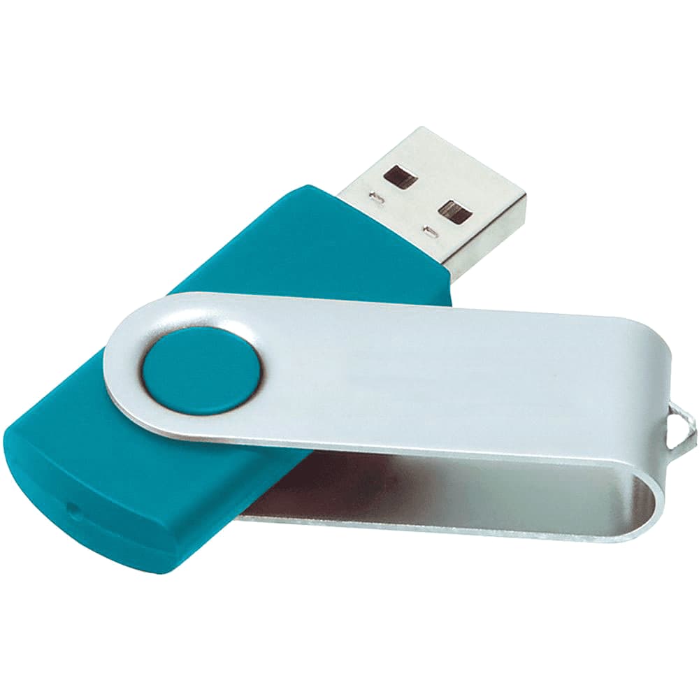 A teal and silver USB flash drive, featuring a rotating design for easy access to the connector.