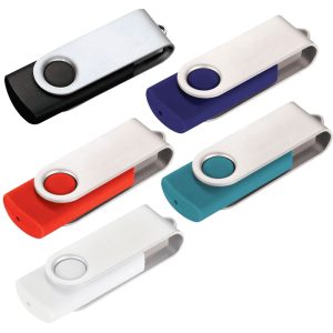 A silver and red USB flash drive with a swivel design and a logo on the side.