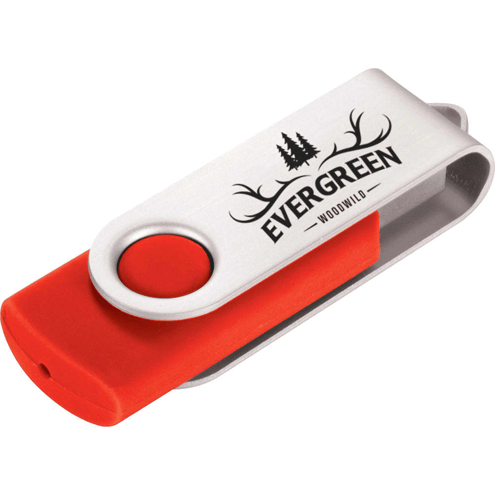 A teal and silver USB flash drive with an 8GB capacity, featuring a rotating cover and a branding logo.