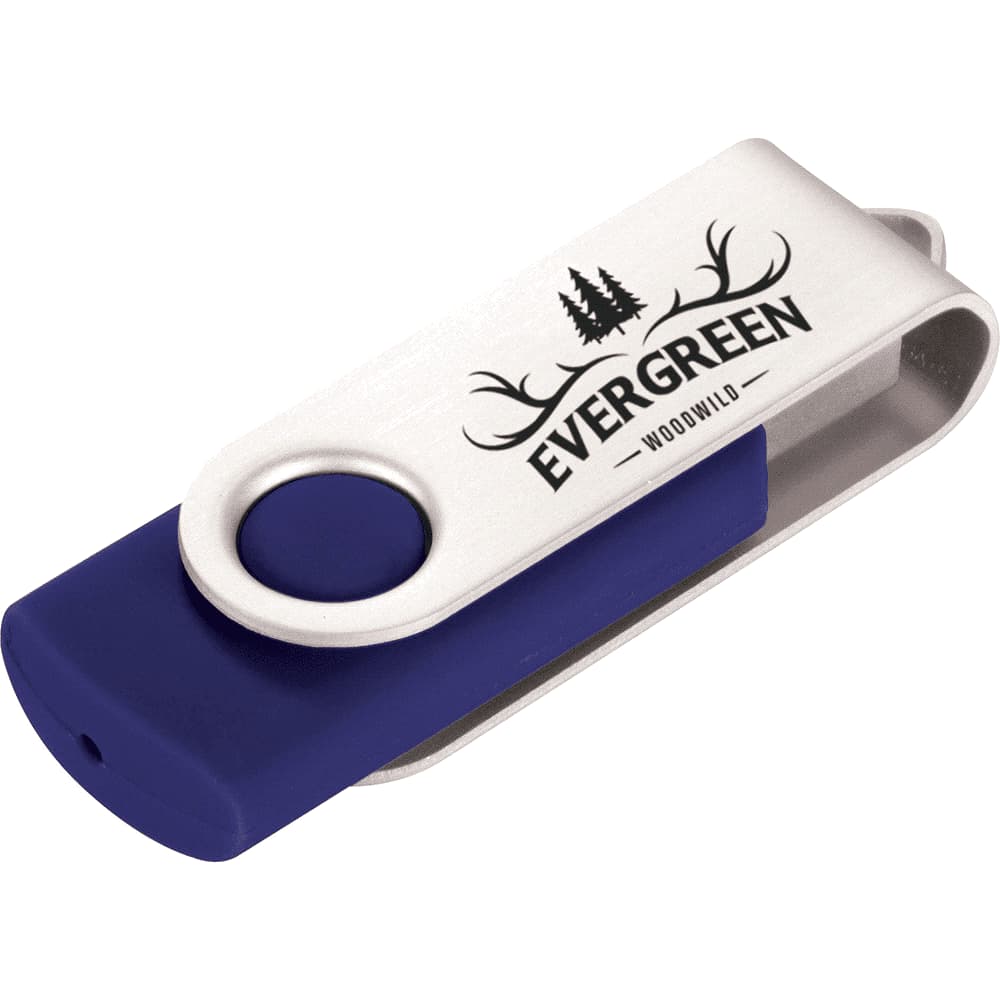 A silver and blue USB flash drive with a logo, featuring a swivel design and 8GB storage capacity.