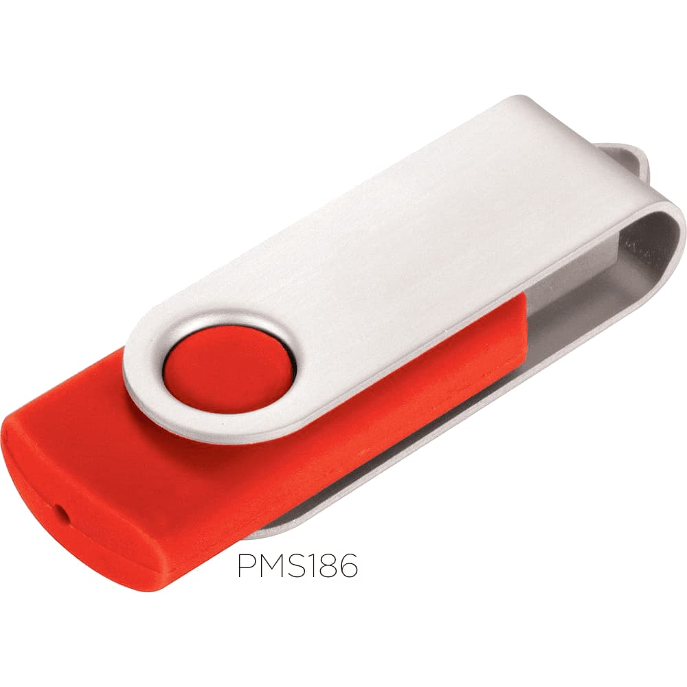 A red and silver rotate USB flash drive with a circular button and a sleek, streamlined design.