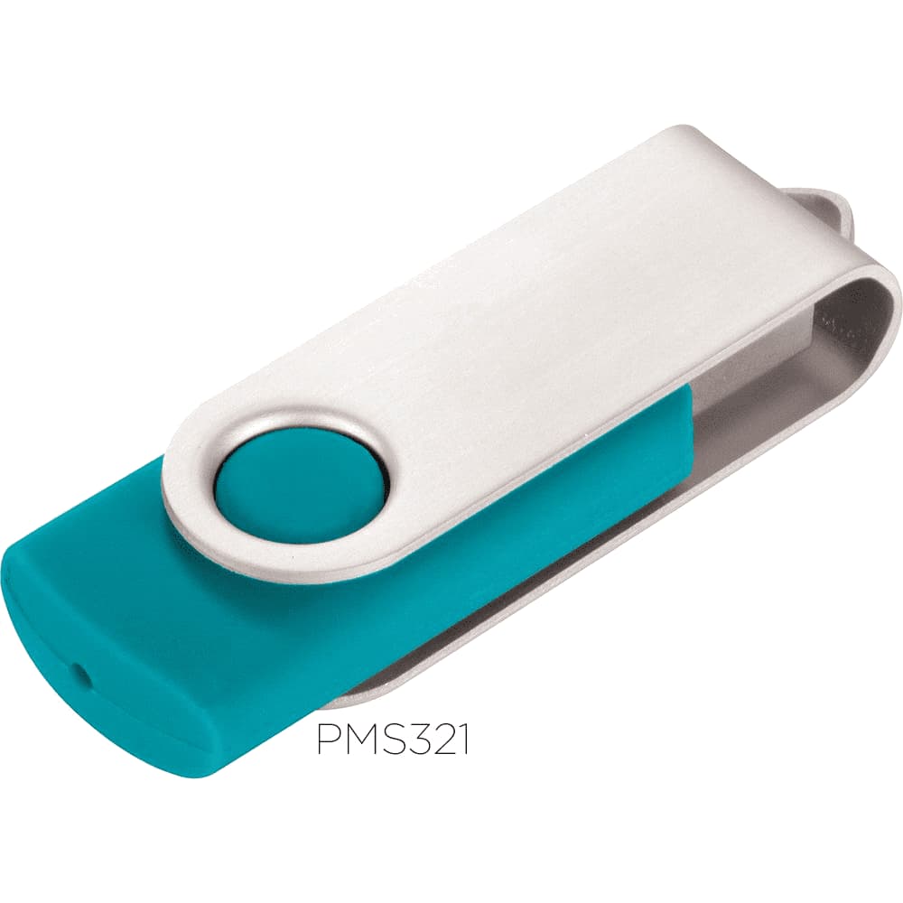 A USB flash drive featuring a silver metal body with a turquoise coloured end cap, includes a circular branding area.
