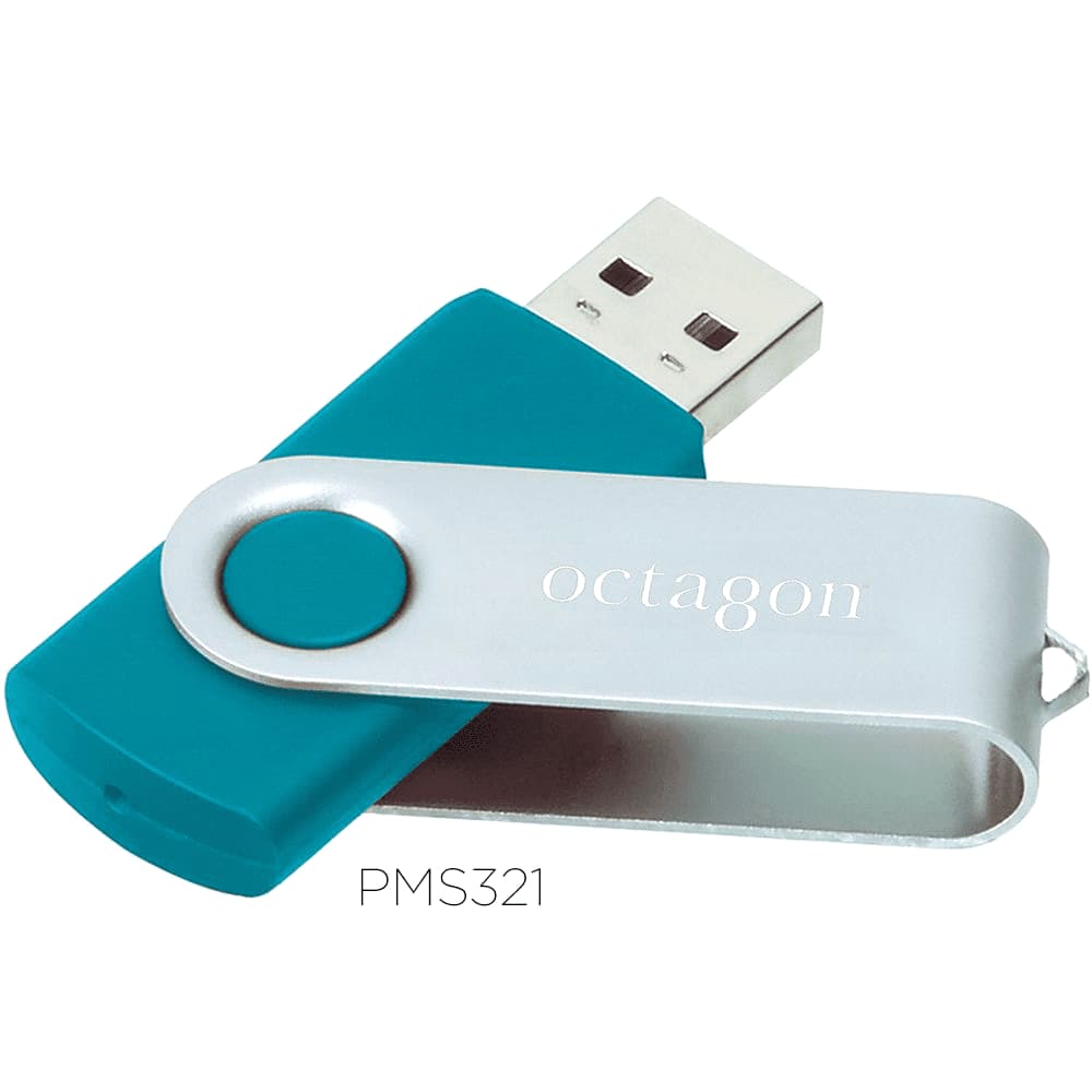 A teal and silver rotate USB flash drive with a logo on the side.