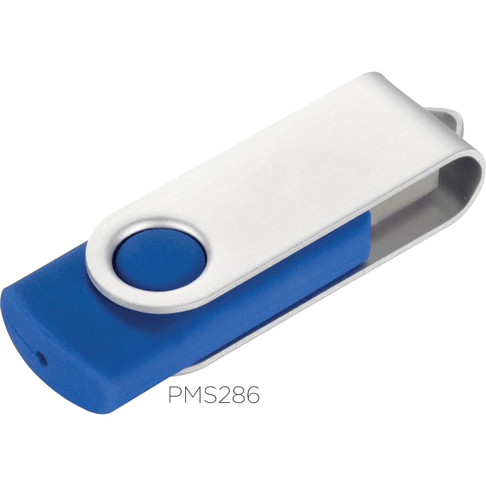 A rotating USB flash drive with a silver and blue design featuring a branding logo.