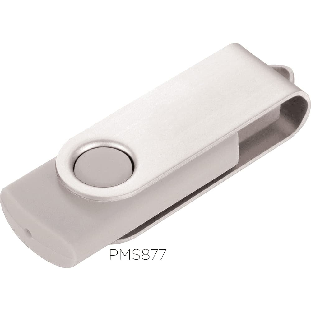 A silver USB flash drive with a swivel design, featuring a circular button and smooth finish.