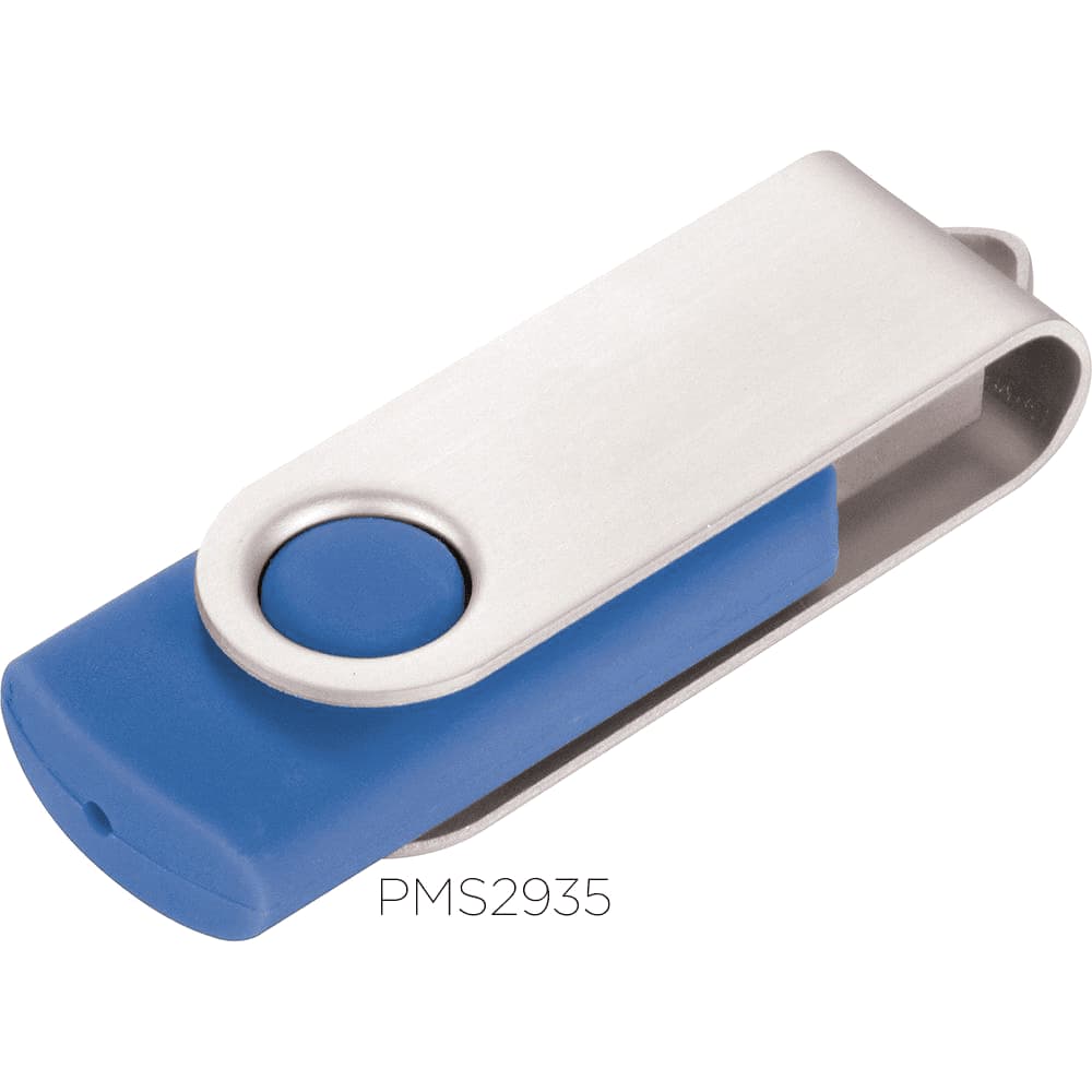 A blue and silver rotate USB flash drive with a circular button and a clip design, featuring a logo.