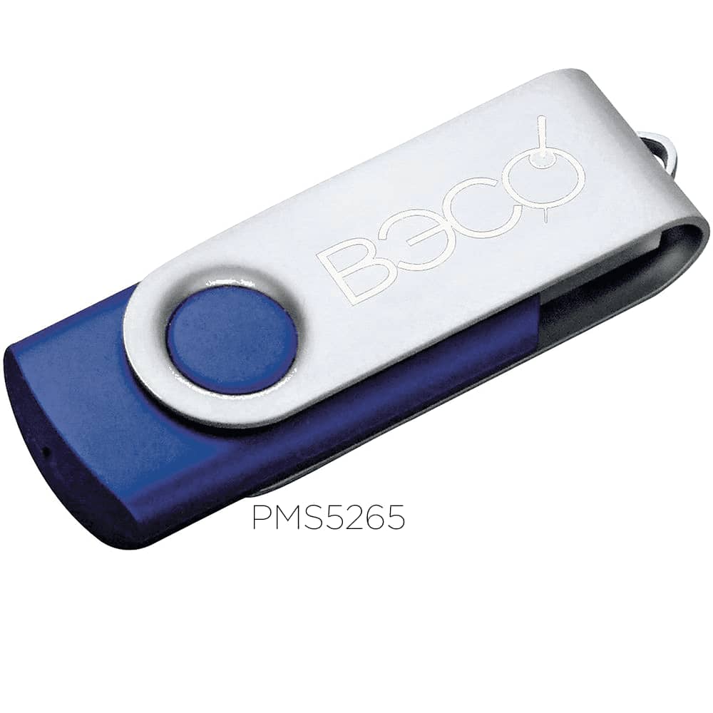 A purple and silver USB flash drive featuring a rotating design and a logo on its surface.