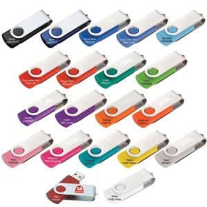 A collection of Rotate USB flash drives in various colours including black, blue, red, green, and white, with a logo.