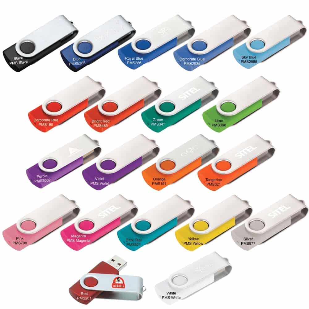 A collection of Rotate USB flash drives in various colours including black, blue, red, green, and white, with a logo.