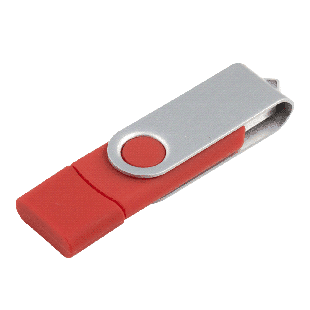 A red and silver Rotate Dual USB flash drive with an 8GB capacity, featuring a branding logo.