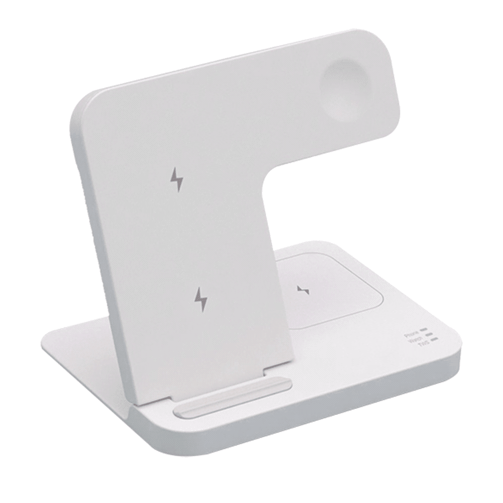 A foldable wireless charger in white, featuring multiple charging surfaces and a sleek, modern design.