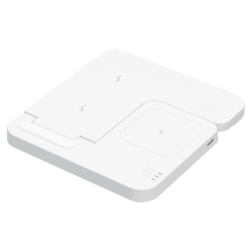 A white 3-in-1 foldable wireless charger featuring multiple charging surfaces and a compact, sleek design.