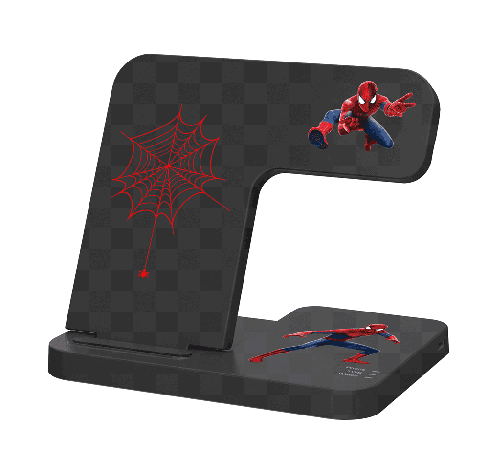 A black foldable wireless charger featuring Spider-Man graphics and a spider web design. It has a logo on the base.
