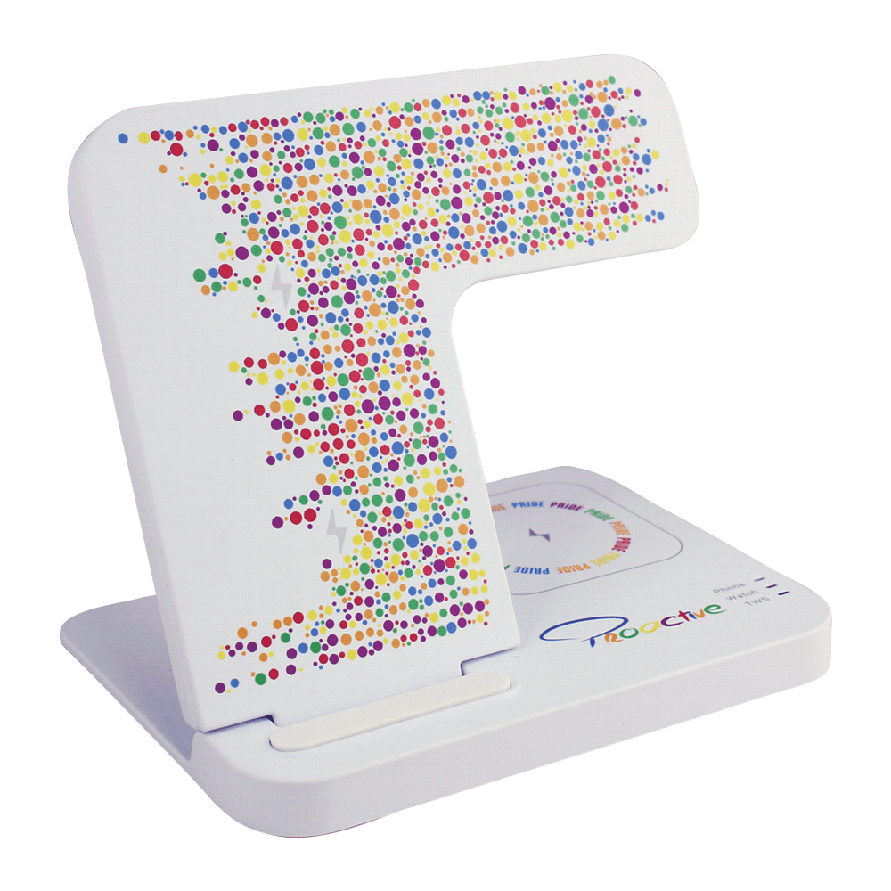 A wireless charger in white with a colourful dot pattern, featuring a logo and a sleek, foldable design.